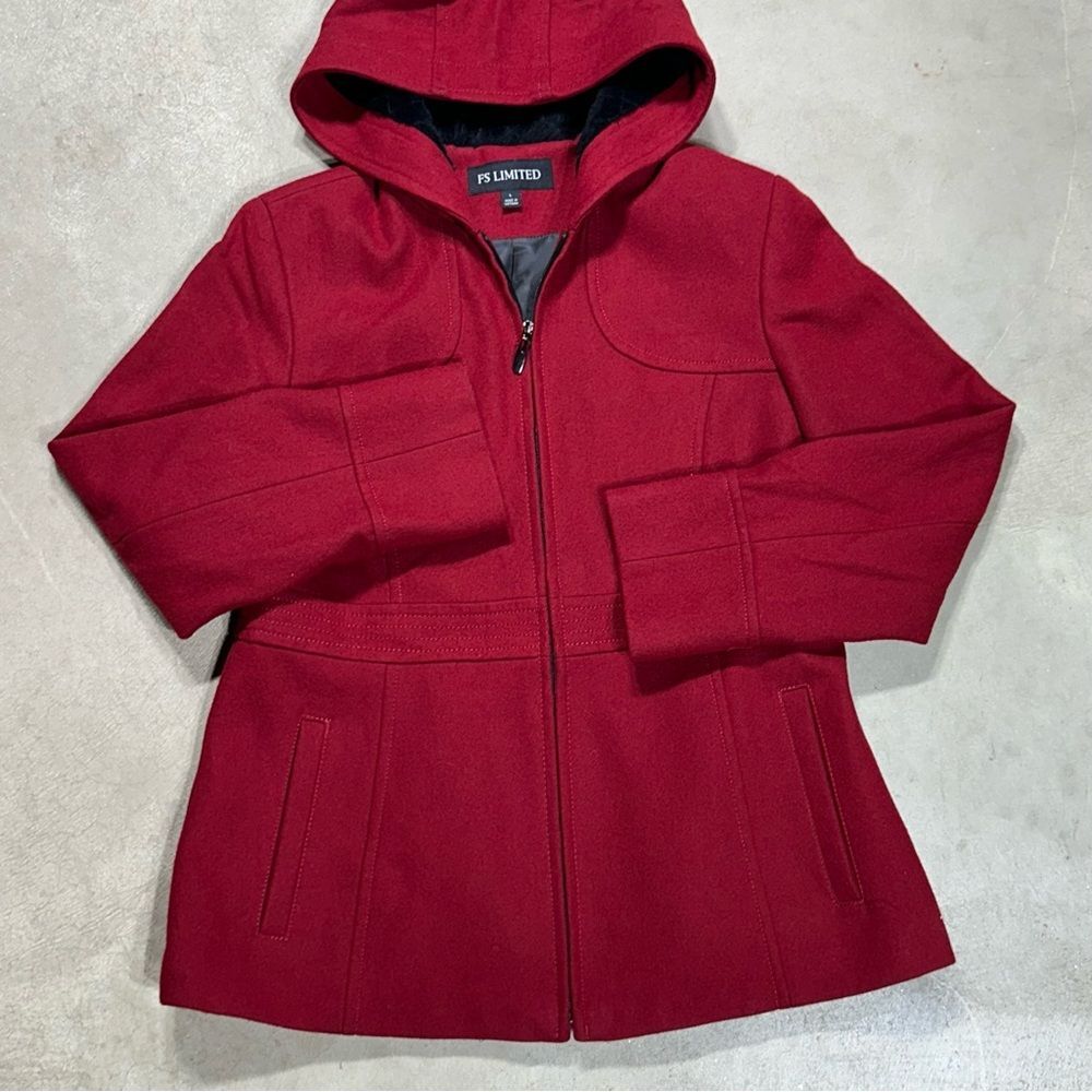 Womens Red Wool Hooded Jacket Lined FS Limited Size Large